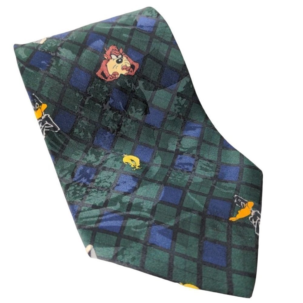 Looney Tunes Bugs Bunny Taz Tweety Daffy Blue Green Plaid Silk Necktie